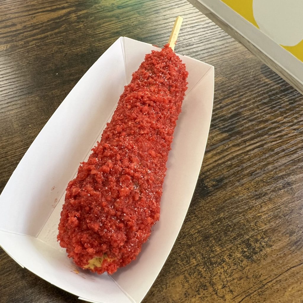 Flaming hot cheetos covered corndog from Mochinut in Canyon Park Bothell